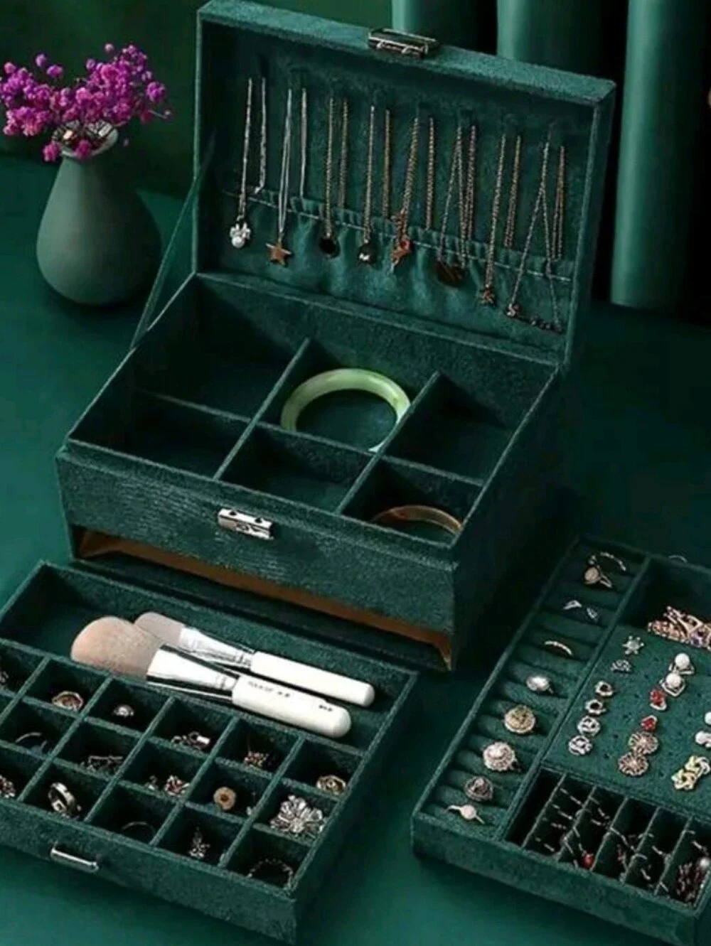 Velvet Jewelry Organizer Box in Deep Green